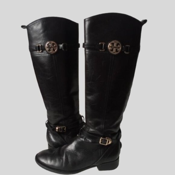 TORY BURCH LOGO CALISTA BLACK LEATHER KNEE HIGH EQUESTRIAN RIDING BOOTS 7.5 - Picture 4 of 10